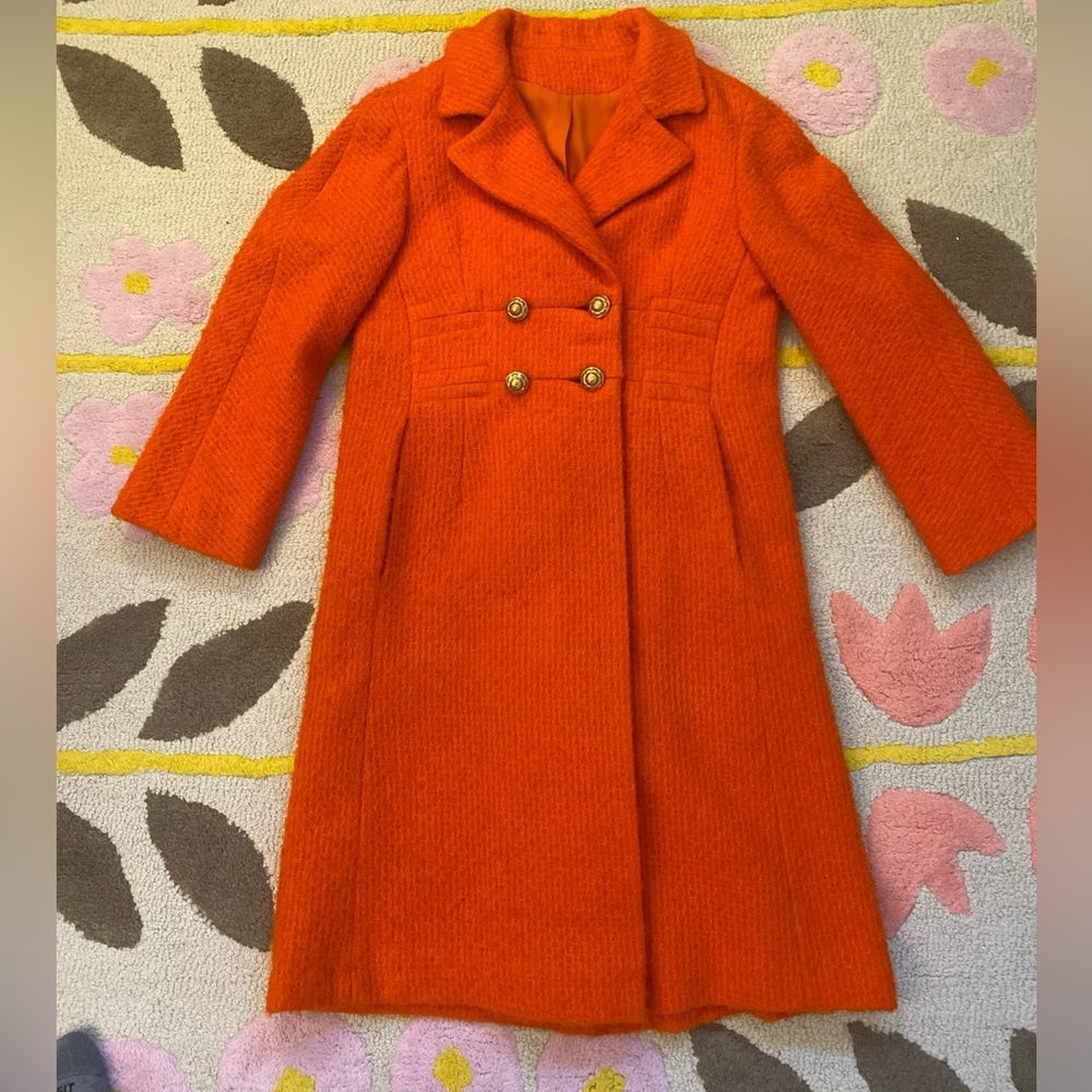 Vintage Orange Double-Breasted Coat Wool Boucle Gold Buttons Coat Size XS